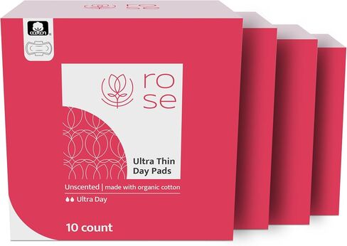 Rose Organic Pads - Ultra Thin with Wings, Ultra Absorbent, Organic Cotton Topsheet, Unscented - 10 Count (Pack of 1) in Saudi Arabia