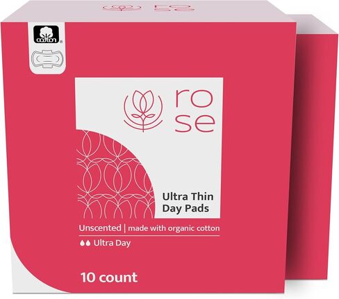 Rose Organic Pads - Ultra Thin with Wings, Ultra Absorbent, Organic Cotton Topsheet, Unscented - 10 Count (Pack of 1) in Saudi Arabia