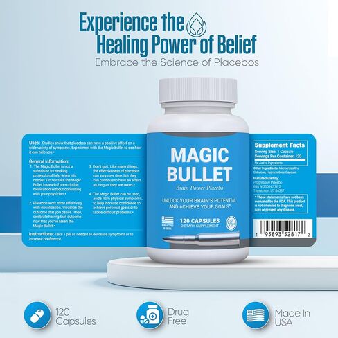 حبوب الدواء الوهمي Magic Bullet - أدوية وهمية صادقة لمجموعة واسعة من الأعراض - حبوب منع الحمل السعيدة لتخفيف التوتر - 120 كبسولة نباتية بيضاء خاملة - مناسبة للبالغين والمراهقين والرجال والنساء in Saudi Arabia