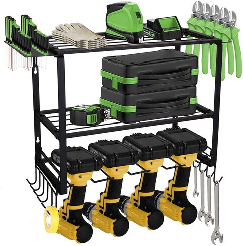 حامل حائط ShineMe لتنظيم أدوات المرآب، منظم أدوات كهربائية عالي التحمل مع 4 حوامل مثقاب، رف تخزين معدني متعدد الوظائف من 3 طبقات لورشة العمل، المرآب، غرفة الأدوات in Kuwait