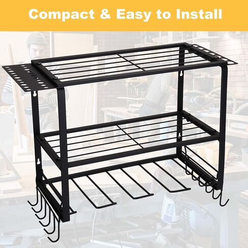 حامل حائط ShineMe لتنظيم أدوات المرآب، منظم أدوات كهربائية عالي التحمل مع 4 حوامل مثقاب، رف تخزين معدني متعدد الوظائف من 3 طبقات لورشة العمل، المرآب، غرفة الأدوات in Kuwait