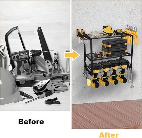 حامل حائط ShineMe لتنظيم أدوات المرآب، منظم أدوات كهربائية عالي التحمل مع 4 حوامل مثقاب، رف تخزين معدني متعدد الوظائف من 3 طبقات لورشة العمل، المرآب، غرفة الأدوات in Kuwait