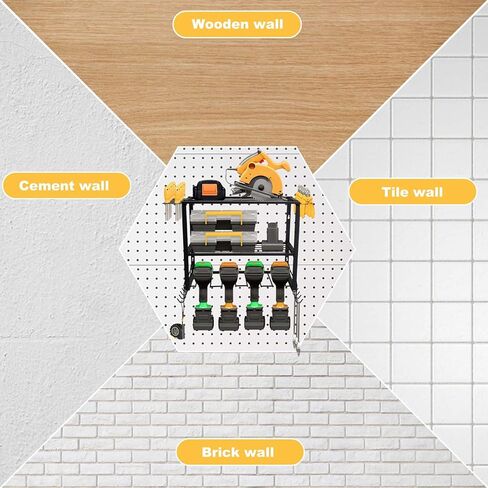حامل حائط ShineMe لتنظيم أدوات المرآب، منظم أدوات كهربائية عالي التحمل مع 4 حوامل مثقاب، رف تخزين معدني متعدد الوظائف من 3 طبقات لورشة العمل، المرآب، غرفة الأدوات in Kuwait