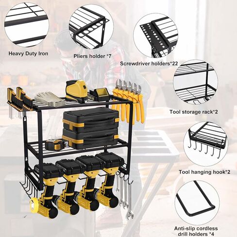 حامل حائط ShineMe لتنظيم أدوات المرآب، منظم أدوات كهربائية عالي التحمل مع 4 حوامل مثقاب، رف تخزين معدني متعدد الوظائف من 3 طبقات لورشة العمل، المرآب، غرفة الأدوات in Kuwait
