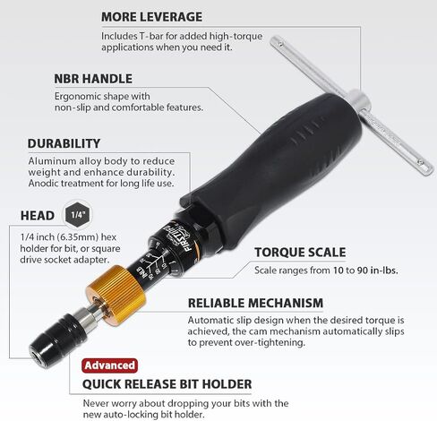 FIRSTINFO H5188 Precision Certified Limited Torque Screwdriver with 1/4 Inch Universal Hex Bit Holder Quick Release Design, 10-90 in-lbs with Extra T-Handle in Saudi Arabia