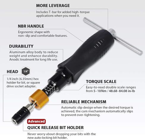 FIRSTINFO H5188 Precision Certified Limited Torque Screwdriver with 1/4 Inch Universal Hex Bit Holder Quick Release Design, 10-90 in-lbs with Extra T-Handle in Saudi Arabia