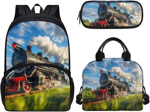 3 Pcs Backpack for School, Kids Backpack for Girls Train and Cloud Print with Lunch Box Pencil Case Set for Teen Girls Elementary Primary Middle High College in Saudi Arabia