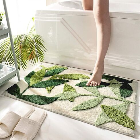 Throw Bathroom Rugs and Mats 20"x32" Green Bath Rug Non Slip Machine Washable Soft Bathroom Floor Mat for Entrance, Green Leaves in Saudi Arabia