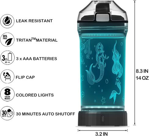 Kids Water Bottle with 3D Glowing Mermaid LED Light - 14 OZ Tritan BPA Free - Creative Ideal Travel Cup Ocean Gift for School Kid Girl Child Holiday Camping Picnic in Saudi Arabia