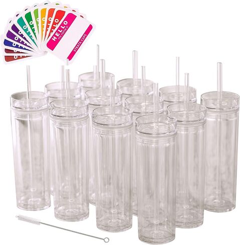 4 Skinny Tumblers |16oz Clear Tumblers with Lids and Straws, Plastic Tumbler Cups | Snow Globe Tumbler Double Walled Acrylic Cups with Lids and Straws in Saudi Arabia