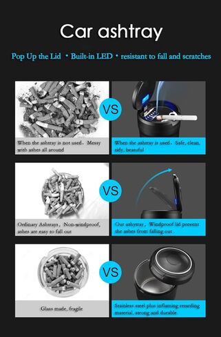منفضة سجائر السيارة • منفضة سجائر LED عصرية • إضاءة ليلية لسطح المكتب المنزلي سهلة الحمل، محكمة الغلق ومزيلة للعرق، مقاومة للحرارة ومقاومة للحريق، للسيارة والمنزل، نوع رف المشروبات (برتقالي) in Kuwait