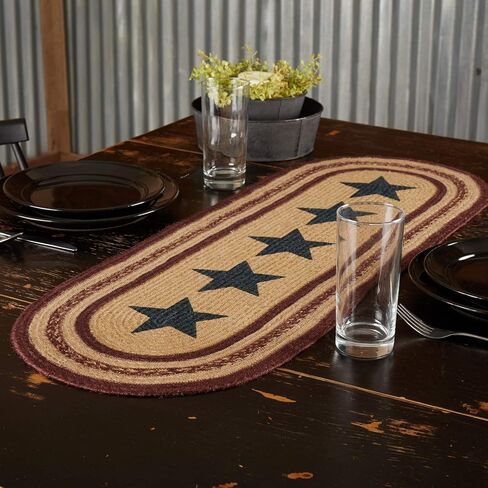 VHC Brands Potomac, Braided Jute Table Runner, Oval, Stars, Red Tan Blue, 8x25 in Saudi Arabia