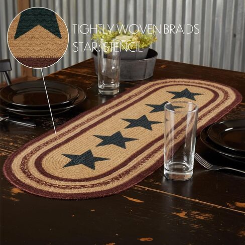 VHC Brands Potomac, Braided Jute Table Runner, Oval, Stars, Red Tan Blue, 8x25 in Saudi Arabia