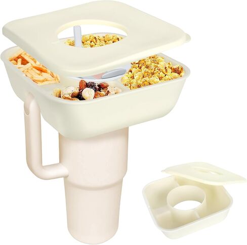 Snack Bowl with Cover for Stanley Cup 40 oz Tumbler with Handle Reusable Silicone Snack Tray, 3 Compartment Snack Platters for Stanley Cup Accessories Outdoor (off white) in Saudi Arabia