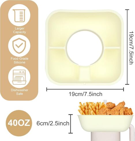 Snack Bowl with Cover for Stanley Cup 40 oz Tumbler with Handle Reusable Silicone Snack Tray, 3 Compartment Snack Platters for Stanley Cup Accessories Outdoor (off white) in Saudi Arabia