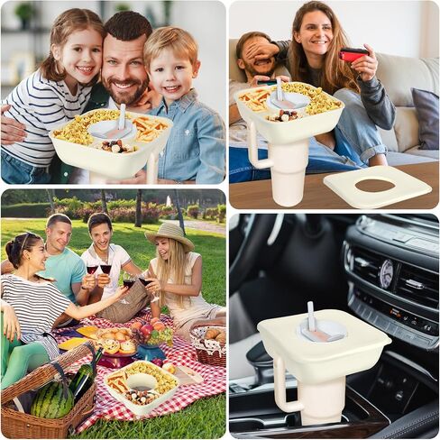 Snack Bowl with Cover for Stanley Cup 40 oz Tumbler with Handle Reusable Silicone Snack Tray, 3 Compartment Snack Platters for Stanley Cup Accessories Outdoor (off white) in Saudi Arabia