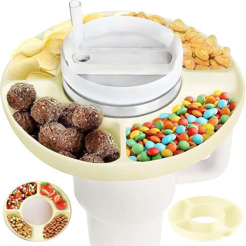 Snack Bowl with Cover for Stanley Cup 40 oz Tumbler with Handle Reusable Silicone Snack Tray, 3 Compartment Snack Platters for Stanley Cup Accessories Outdoor (off white) in Saudi Arabia