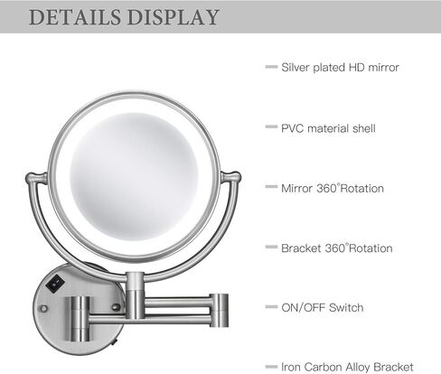 مرآة مكياج مثبتة على الحائط LED لاسلكية مع تكبير 1x/10x، تعمل بتقنية Bt، لا تحتاج إلى سلك طاقة. مرآة مكياج قابلة للتمديد تدور 360 درجة لفنادق الحمام، نيكل مصقول in Saudi Arabia