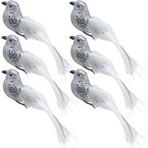 LWINGFLYER 6PCS Glitter Artificial Birds Sequin Clip on Bird Ornaments for Christmas Tree Decorations Wedding Wreath Crafts (Silver)