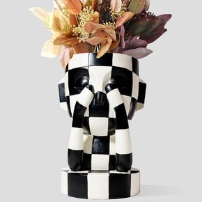 Funky Black and White Checkered Vase Unique Head Planter Cute Face Flower Pot Home Indoor Decor (Not Listening)