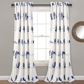 Lush Decor Rowley Birds Light Filtering Window Curtain Panels, Pair, 52" W x 84" L, Navy - Colorful Floral Print - Whimsical & Playful Bird Curtains For Bedroom, Living Room, Or Dining Room