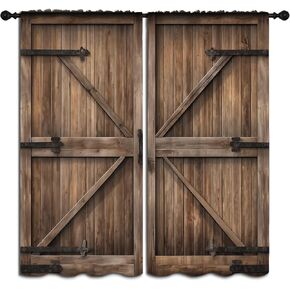 Barn Wood Doors Blackout Curtains for Boys Girl Bedroom Decor,Rustic Brown Retro Farmhouse Doors Thermal Insulated Rod Pocket Drapes Darkening Window Curtain for Living Room Home 42x45 inch