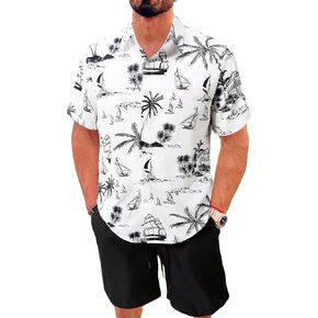 WDIRARA Men's 2 Piece Beach Outfits Tropical Print Short Sleeve Button Front Shirt and Shorts Set