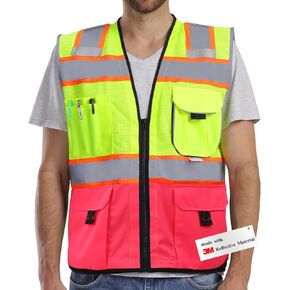 Vest Reflective with Pockets and Zipper, High Visibility Mesh ANSI Class 2, Made with 3M Reflective Tape, Yellow and Black Large