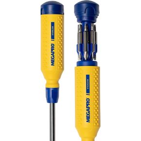 Stainless Steel 15 in 1 Megapro Screwdriver Set - Multi Bit Screwdriver with ¼" Hex Shaft for Phillips, Torx, Flat, Square Bit - Screwdriver Bit Set w/Retractable Cartridge, Yellow Blue