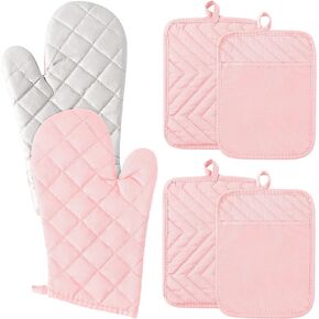 GROBRO7 6Pcs Cotton Oven Mitts and Pot Holders Set Durable Hot Pads Machine Washable BBQ Gloves Heat Resistant Pocket Pot Holder with Hanging Loop for Safe Kitchen Baking Cooking Grilling Grey