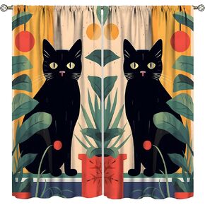 Mid Century Abstract Boho Curtain, Cat Sun Eucalyptus Leaves Black Cat Blackout Window Treatment Modern Minimalist Geometric Curtain 21" W x 45" L x2【Blackout】