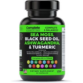 Sea Moss Supplement Blend with Black Seed Oil 2000mg, Bladderwrack 1500mg, Ashwagandha 1200mg, Turmeric 1000mg, Burdock 1000mg, Vitamin C & D3 | for Hair & Skin Health