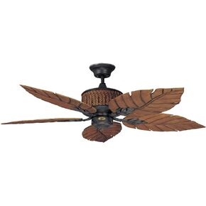 Fernleaf Breeze Tropical Ceiling Fan, 52 Inch | Bohemian Style Iron and 5 Leaf Blades | Damp Rated with Quiet Motor and Downrod Mount | Light Kit Adaptable, Rustic Brown