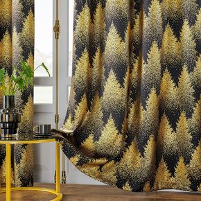 Metallic Gold Ivory Blackout Curtains for Bedroom Living Room 84inch Long Pine Forest Print Total Blackout Window Drapes Energy Efficient Thermal Window Treatment Sets Beige Grommet Top 50"w 2Pcs