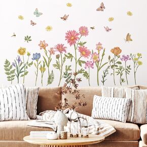Runtoo Boho Flower Wall Decals Wildflower Garden Floral Wall Stickers Backdrop for Girls Bedroom Kids Room Bathroom Baby Nursery Wall Decor