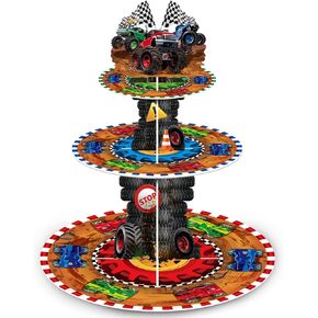Sunnyray 3 Tier Truck Party Decorations Cupcake Stand Race Car Cupcake Tower Favors Racing Truck Party Dessert Holder Car Theme Dessert Stand for Kids Boys Car Birthday Race Car Party Supplies