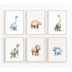 Dinosaur Watercolor Wall Art Decor Dino Boys Room Canvas Wall Art Nursery Kids Prints Toddler Dinosaur Poster Boys Kids Artwork Dinosaur Nursery Pictures for Boys Room 8x10 Inch Framed Set of 6