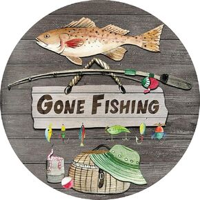 Round Metal Tin Sign Rustic Wall Decor Fishing Wreath Sign,Gone Fishing Sign Metal Round Tin Signs Decor Wall Art Posters Gifts for Door Plaque Home Bars Clubs Cafes, 12x12 Inch