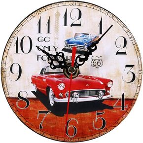 Zerodis Retro Wooden Round Wall Clock,12CM 4.7" Antique Vintage Pattern Non -Ticking Silent Wall Clocks for Home Office Bar Club Decoration(Retro Car)