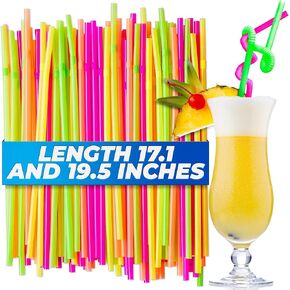 200 Pack Extra Long Plastic Drinking Bendy Straws - Flexible Disposable Cocktail Twisty Straws - Colorful 17 in Smoothie Super Long Neon Curly Straws - Coffee Stirrers Tall Assorted Color Fun Straws