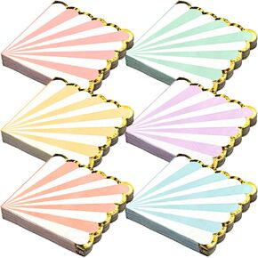 Party Paper Napkins, Pastel Scalloped Edge with Gold Foil Luncheon Napkins, 6 Colors, 3-Ply, 100-Sheets, 6.5 x 6.5 Inches