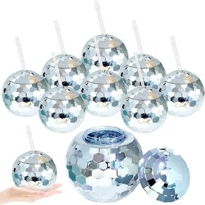 8 Pieces 70s Disco Flash Ball Drinks Cups with Lid and Straw 20 Ounce Disco Party Cups 1970s Mirror Disco Cocktail Cups Sparkly Glitter Disco Bar Party Supplies, Silver