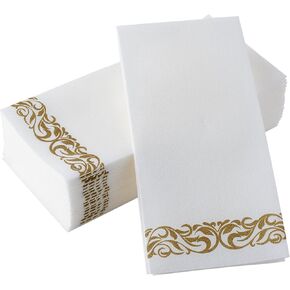 50-Pack Disposable Linen-Feel Guest Towels For Bathroom - Decorative White Hand Towels, Gold Floral Paper Napkins