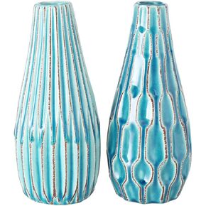 Geometric Green Vases, Set of 2, Textured Vessels, Set of 2, Suffused Crackle Glaze, Stoneware, 9.5 Inches Each, Modern Home Design