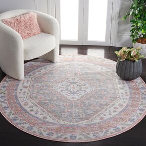 SAFAVIEH Bayside Collection Round Rug - 6'7" Round, Ivory & Blue Pink, Contemporary Design, Washable & Stain Resistant, Ideal for High Traffic Areas in Living Room, Bedroom & Dining Room (BAY118A-7R)