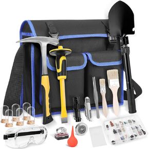 25 PCS Geology Rock Pick Equipment Kit, 28 oz. Rock Pick Hammer with 12" Mason Chisel, Safety Glasses, Whistle, Jewelers loupe, Tool Set for Hounding, Gold Mining & Prospecting, Stone Breaking