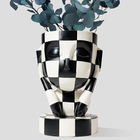 Funky Black and White Checkered Vase Unique Head Planter Cute Face Flower Pot Home Indoor Decor (Not Listening) in Saudi Arabia