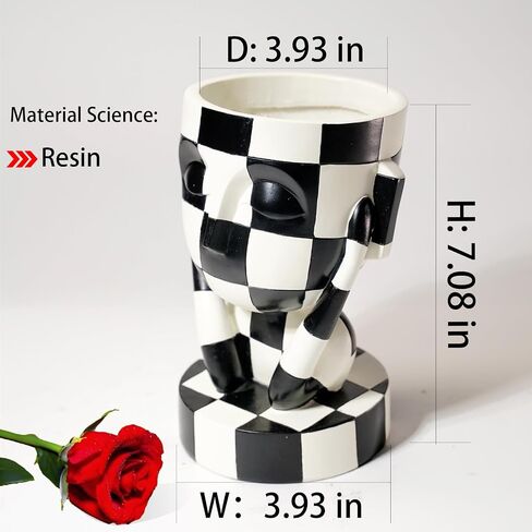 Funky Black and White Checkered Vase Unique Head Planter Cute Face Flower Pot Home Indoor Decor (Not Listening) in Saudi Arabia