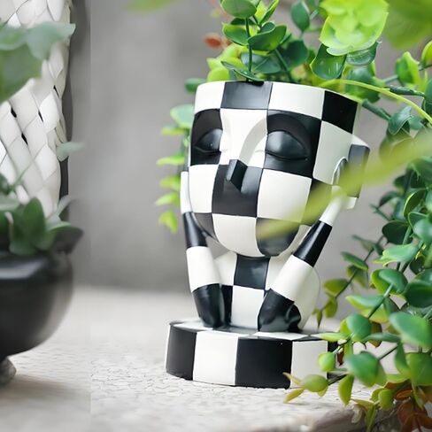 Funky Black and White Checkered Vase Unique Head Planter Cute Face Flower Pot Home Indoor Decor (Not Listening) in Saudi Arabia