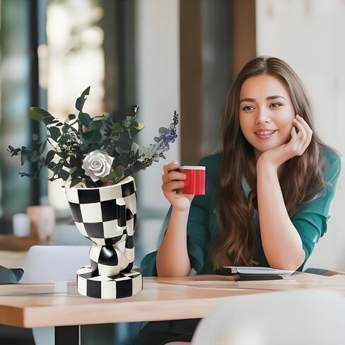 Funky Black and White Checkered Vase Unique Head Planter Cute Face Flower Pot Home Indoor Decor (Not Listening) in Saudi Arabia